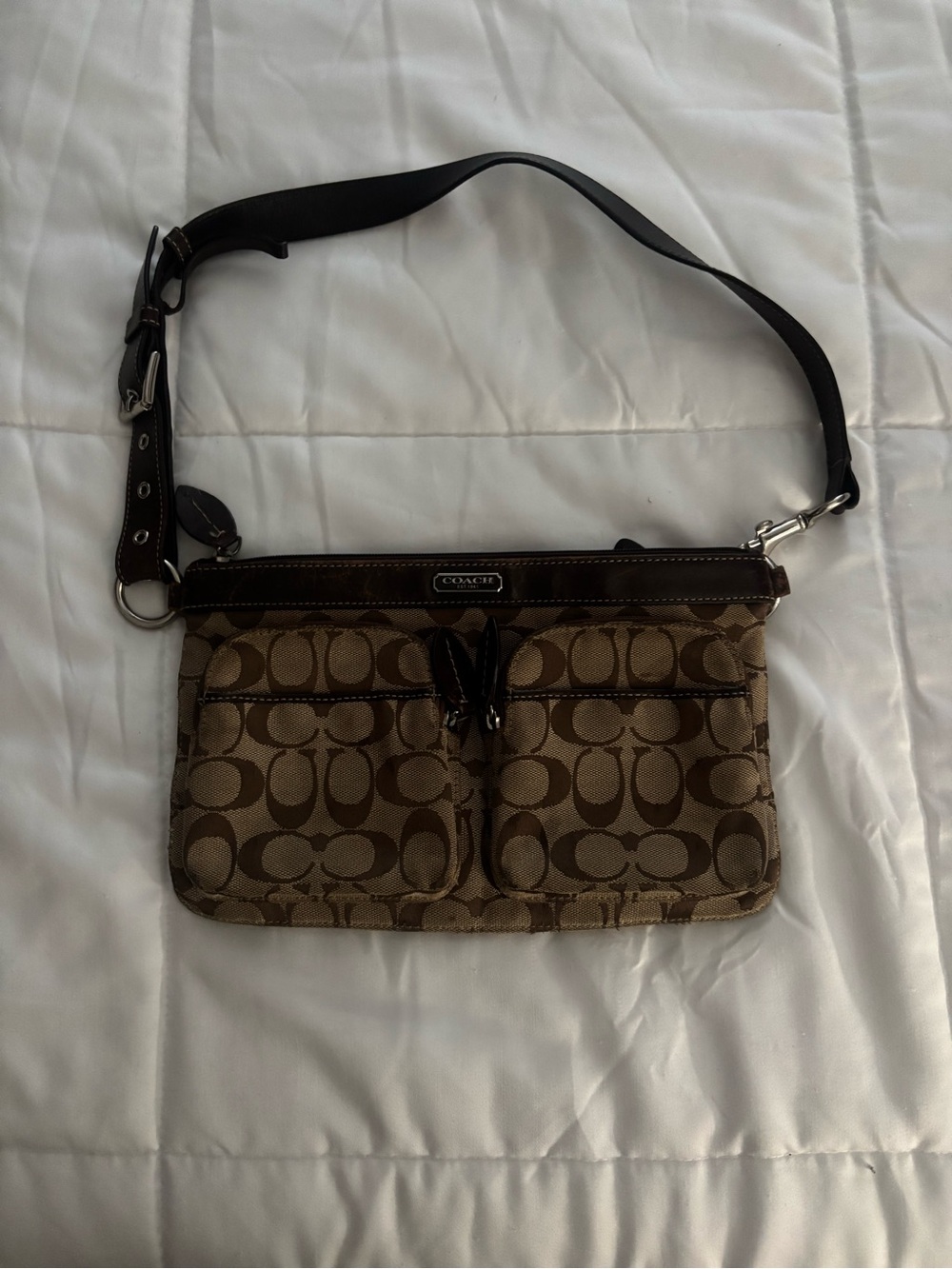 Vintage unique Coach Signature Canvas Belt Bag in Brown and Dark Brown